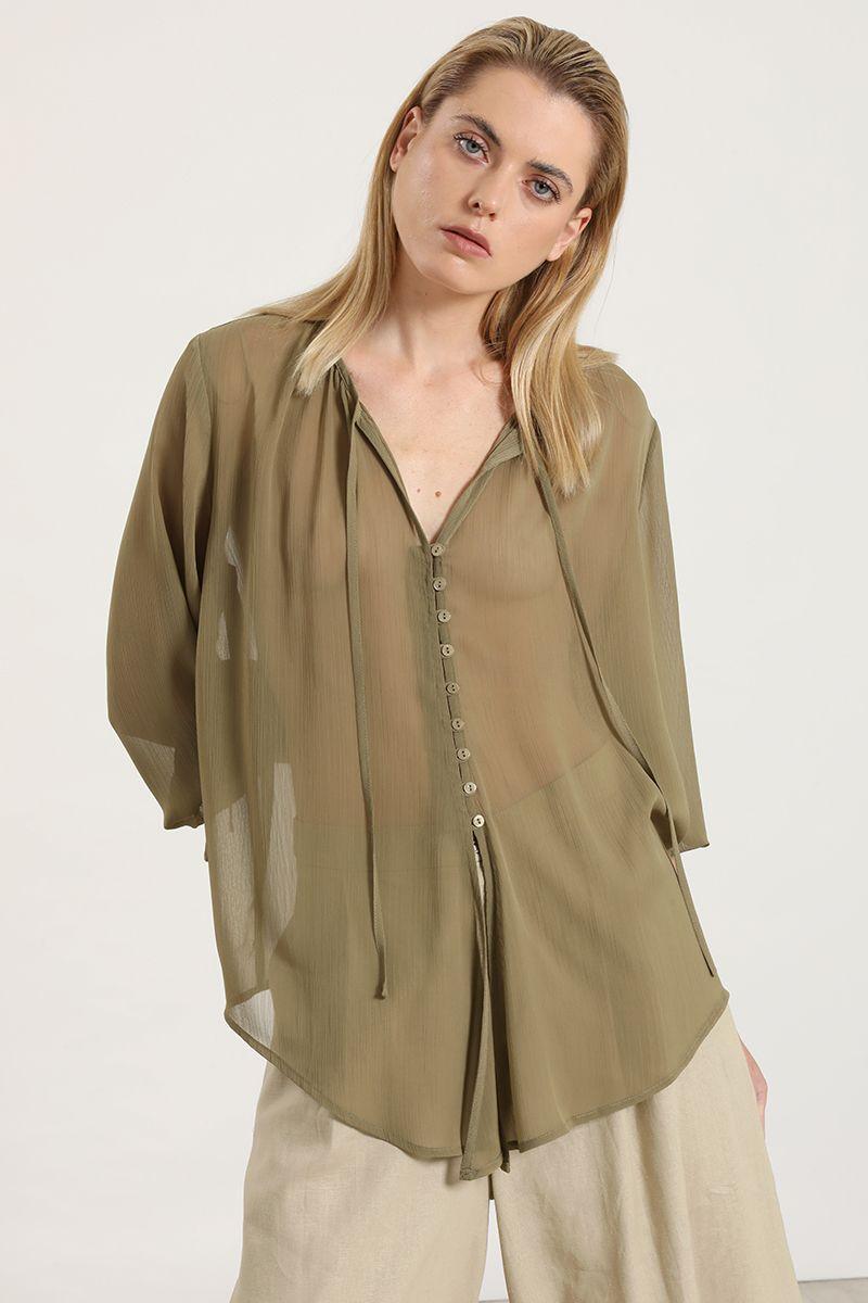 Blusa semitransparente, amarre cuello, verde Liola-5