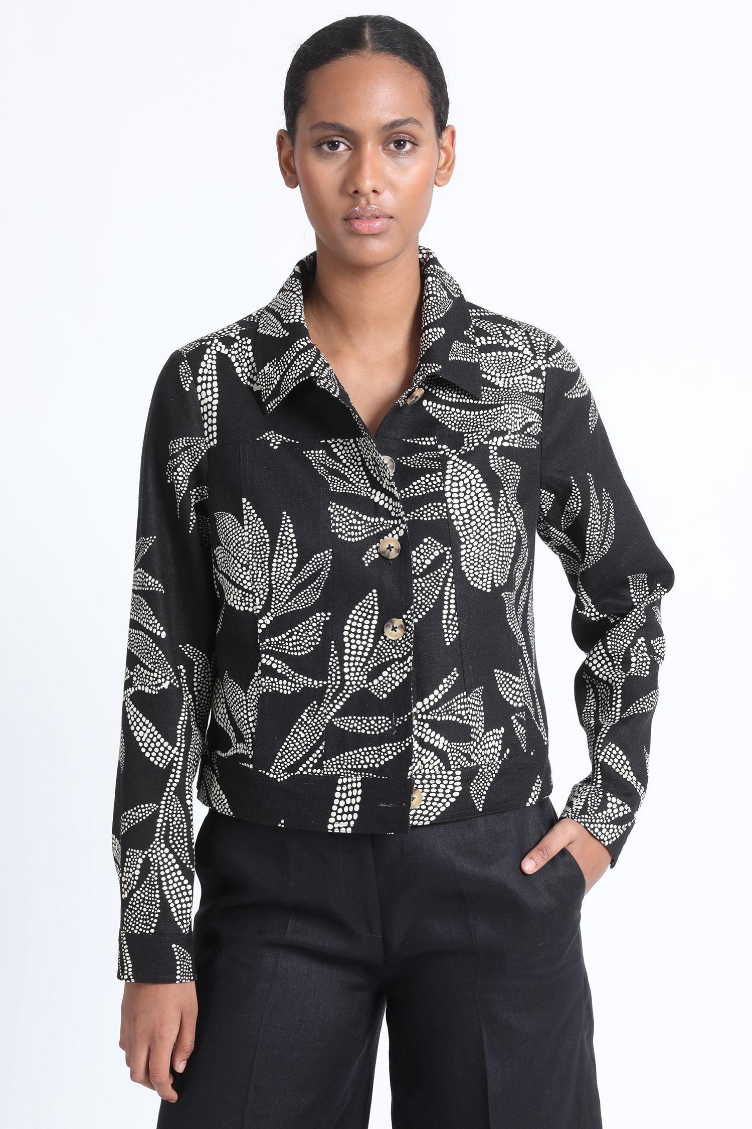 Chaqueta Crop Recta Lino Mix Estampado Negro Liola-1