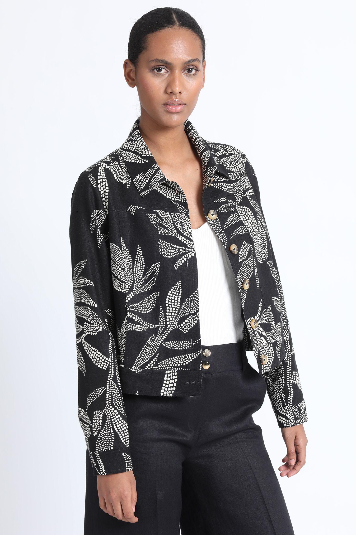 Chaqueta Crop Recta Lino Mix Estampado Negro Liola-2