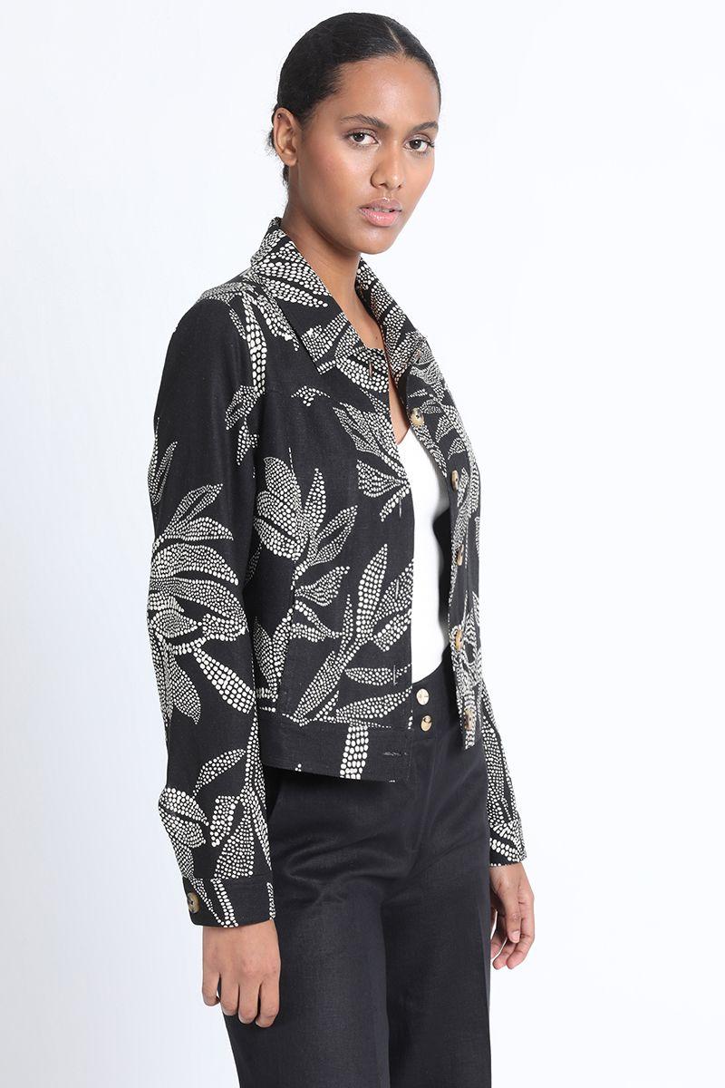 Chaqueta Crop Recta Lino Mix Estampado Negro Liola-4