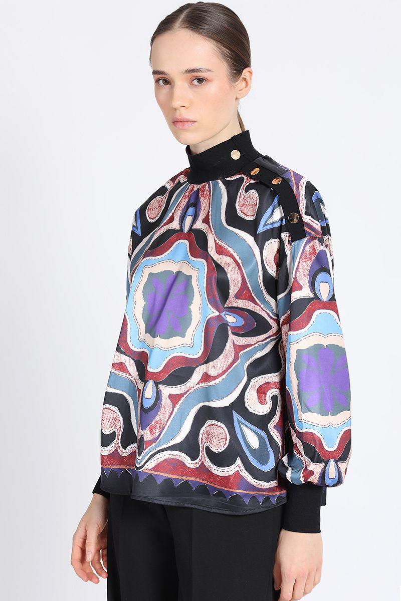 Blusa Cerrada Satin Estampado, Negro Liola-1