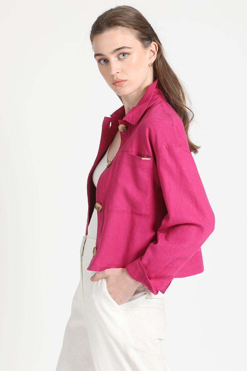 Chaqueta Crop Recta Lino Mix, Fresa Liola-5