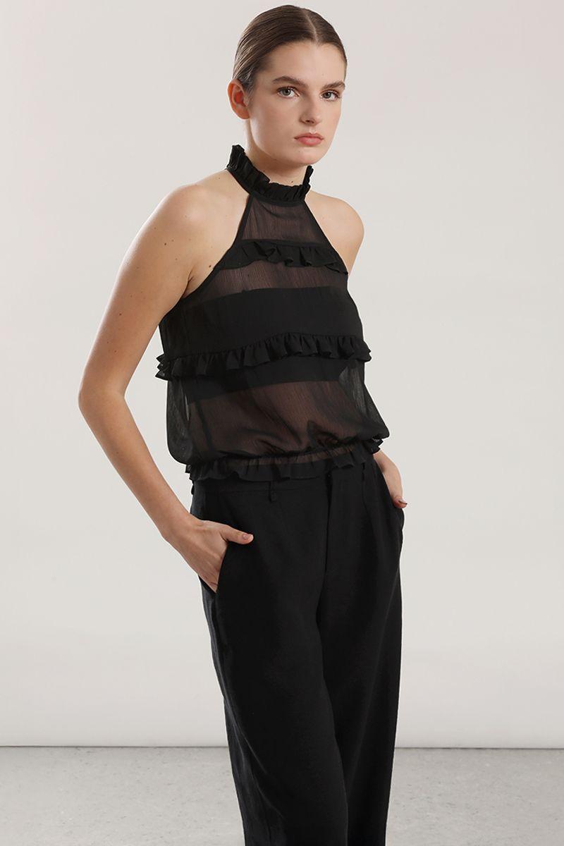 Top halter gasa, volantes mujer Liola beige-0