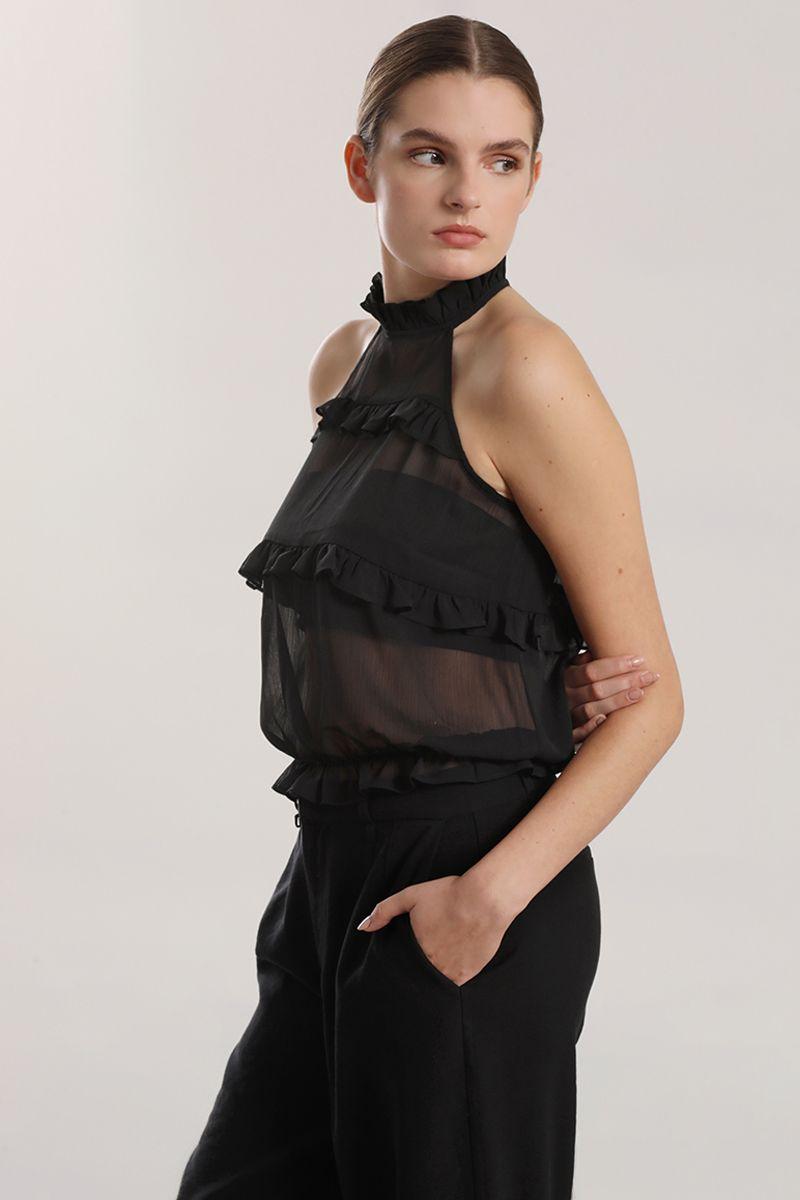 Top halter gasa, volantes mujer Liola beige-2