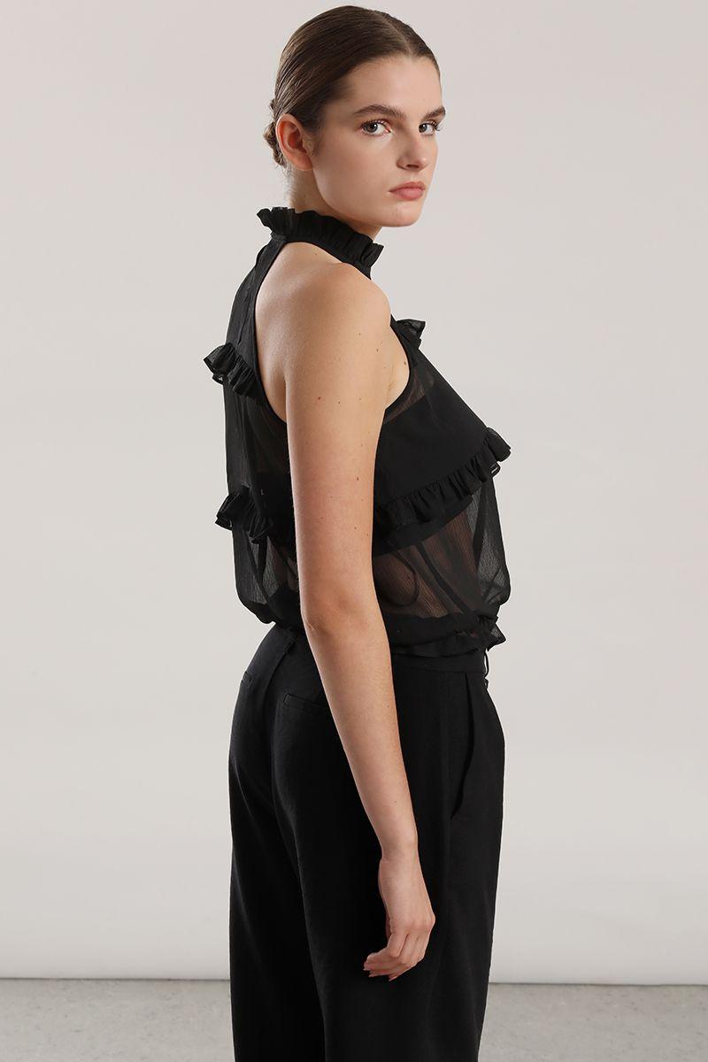 Top halter gasa, volantes mujer Liola beige-3