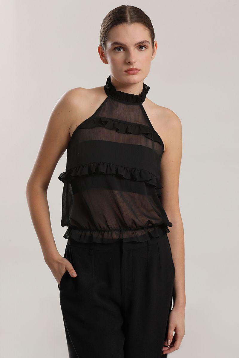 Top halter gasa, volantes mujer Liola beige-4