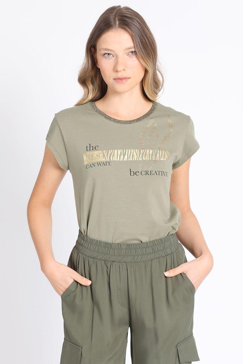 Polera Algodón, Texto Y Estampado Folia, Militar Liola-4