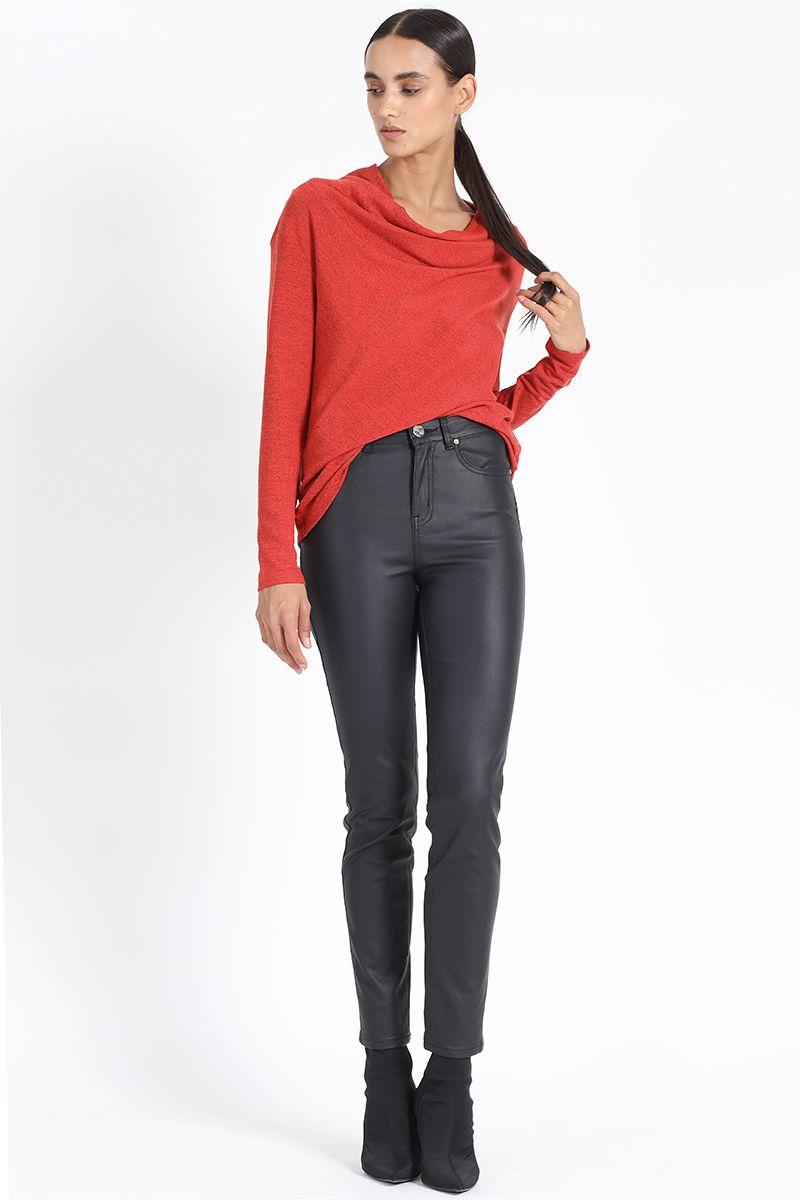 Pantalon Slim Tiro Medio, Coating Negro Liola-0