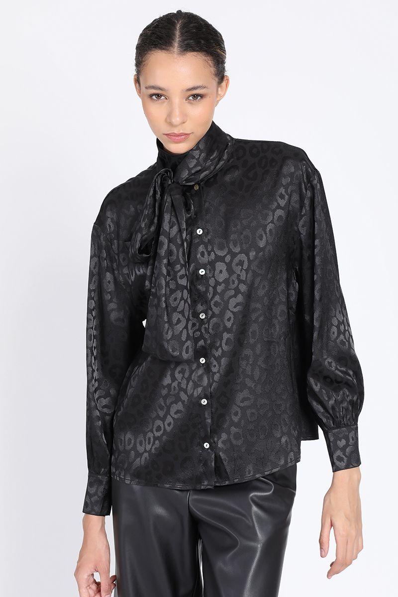 Camisa Satin Fantasia Animal, Negro Liola-0