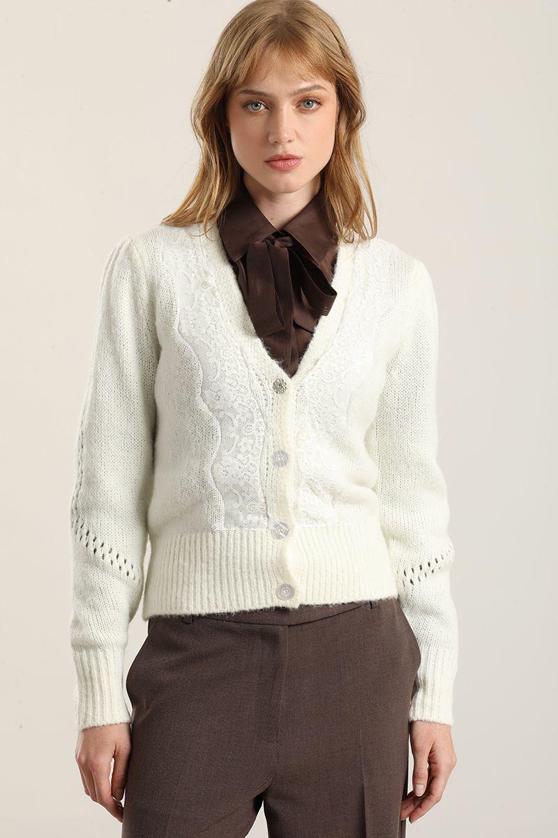 Cardigan Punto Aplicacion Encaje, Crudo Liola-0