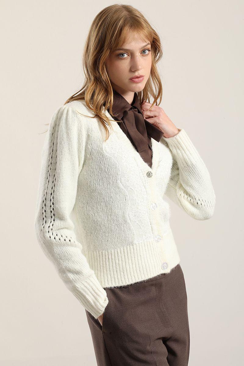 Cardigan Punto Aplicacion Encaje, Crudo Liola-1