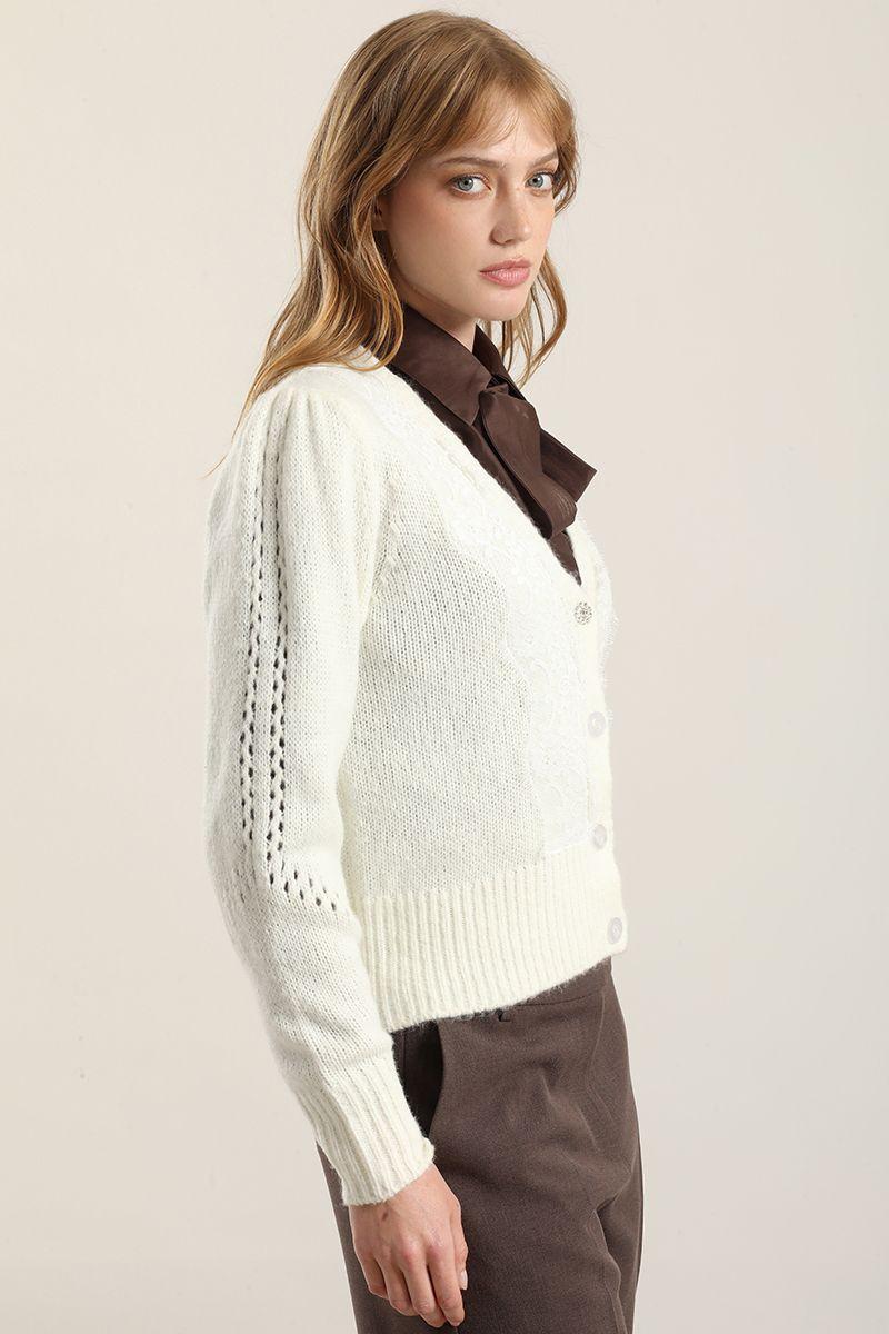 Cardigan Punto Aplicacion Encaje, Crudo Liola-2