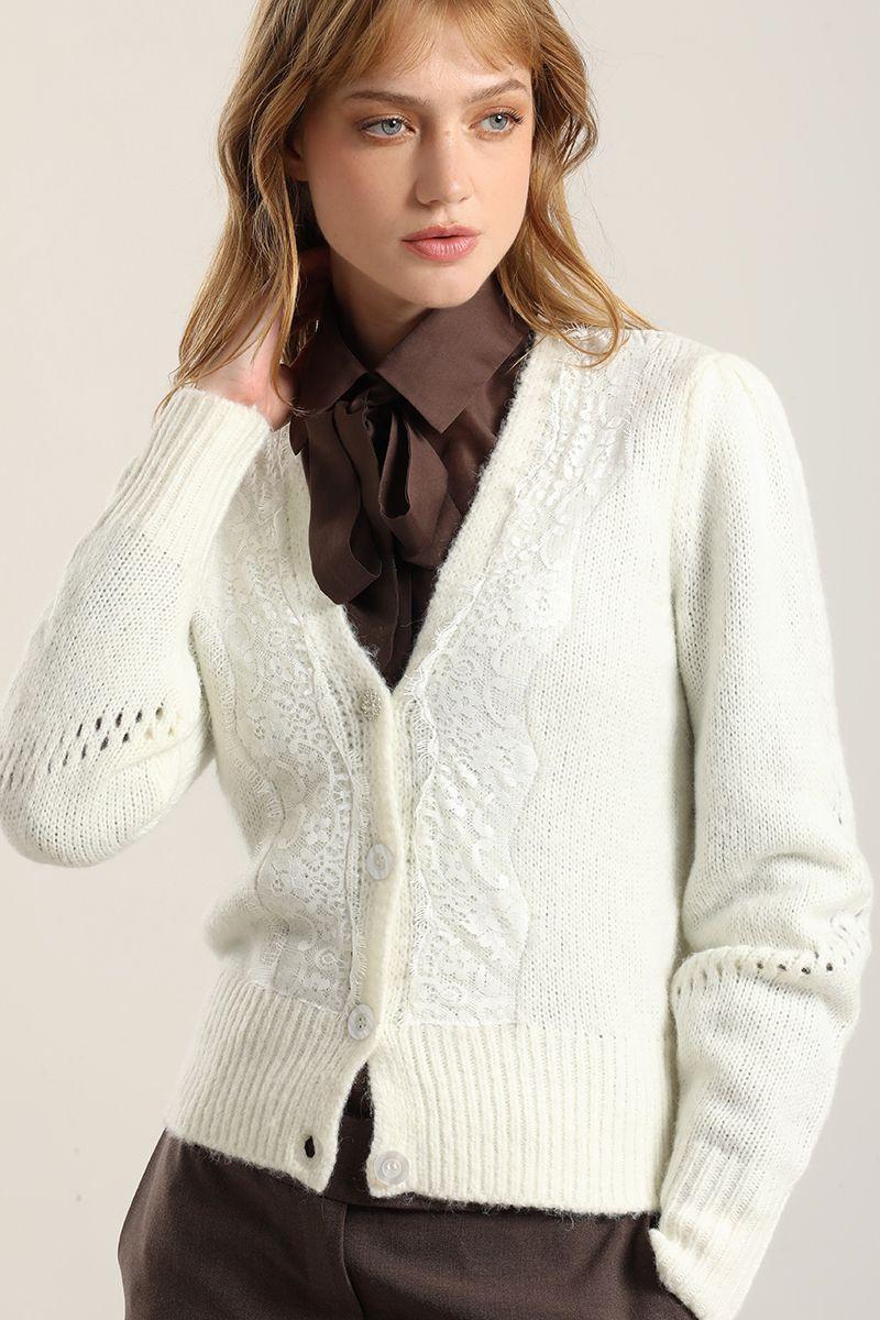 Cardigan Punto Aplicacion Encaje, Crudo Liola-3