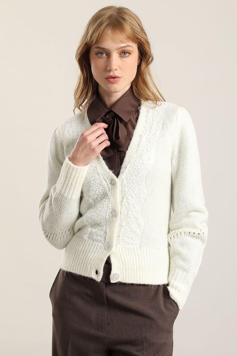Cardigan Punto Aplicacion Encaje, Crudo Liola-4