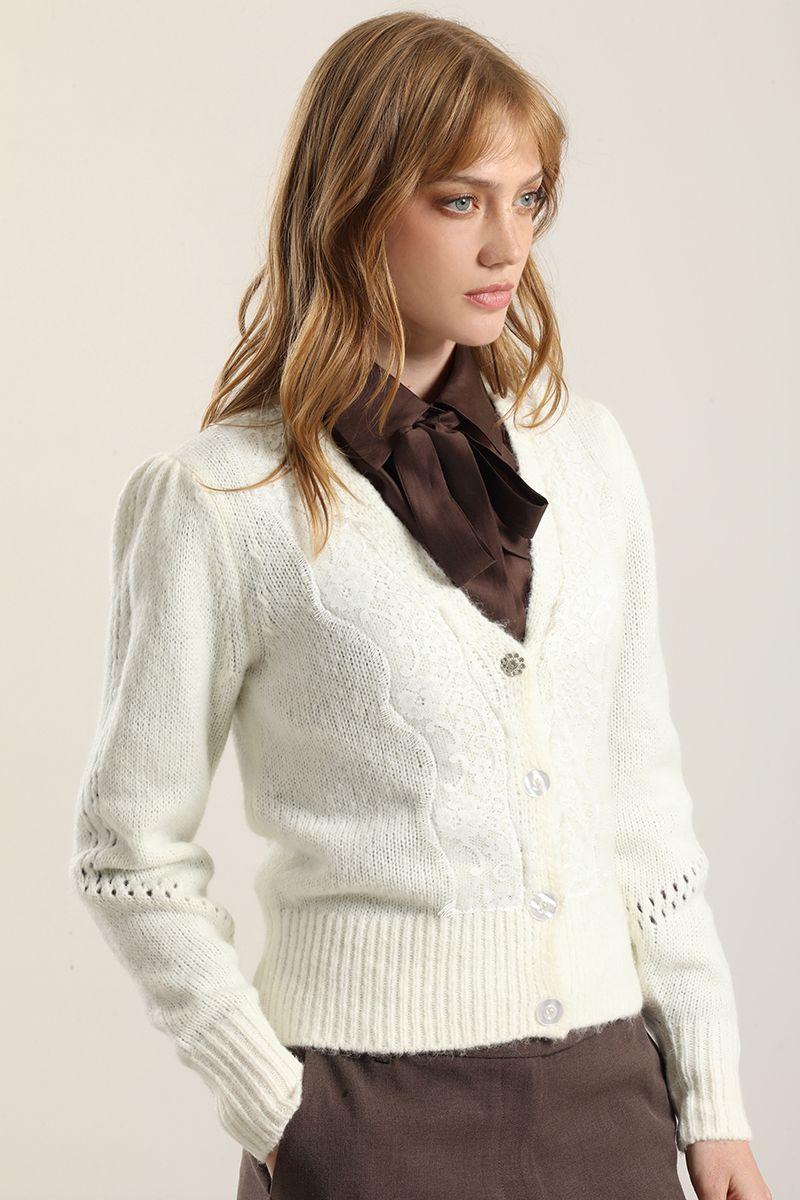 Cardigan Punto Aplicacion Encaje, Crudo Liola-5