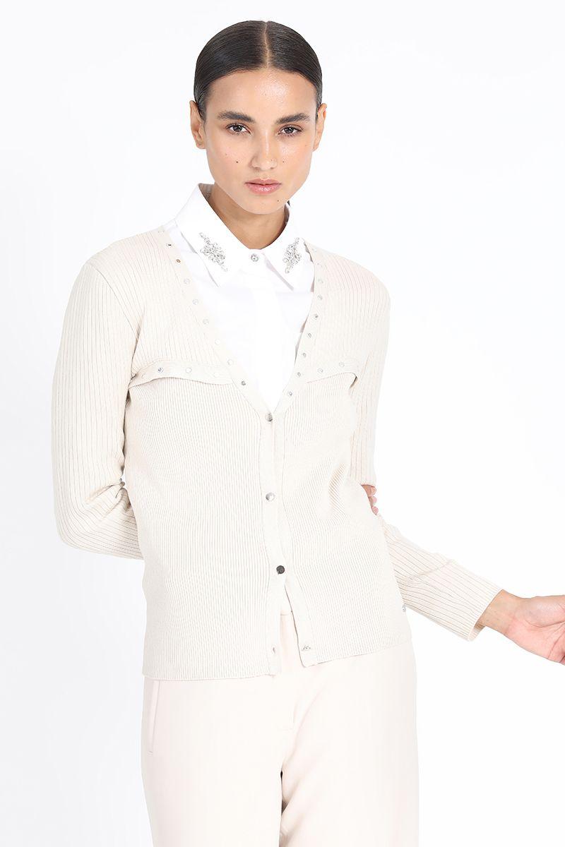 Cardigan Tejido Punto Remaches, Crudo Liola-1