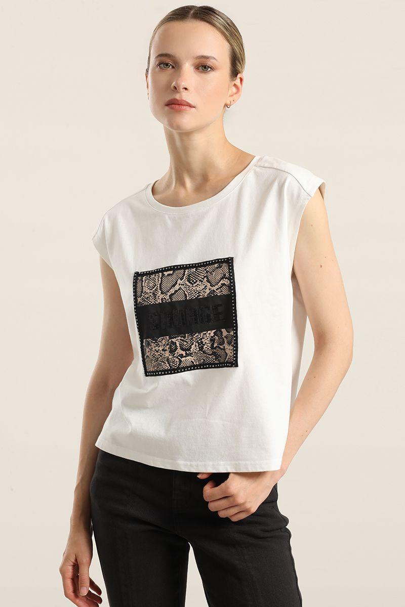 Polera Algodon Aplicacion Savage, Crudo Liola-0