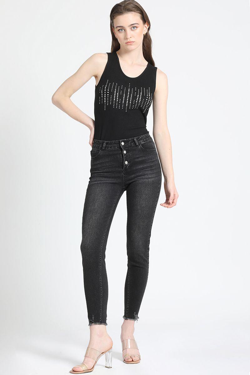 Jeans Skinny Tiro Medio, Botones Joya, Negro Liola-0