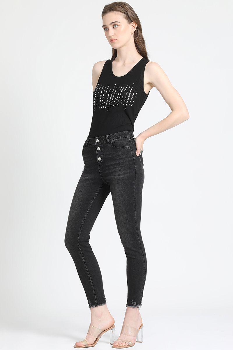 Jeans Skinny Tiro Medio, Botones Joya, Negro Liola-3