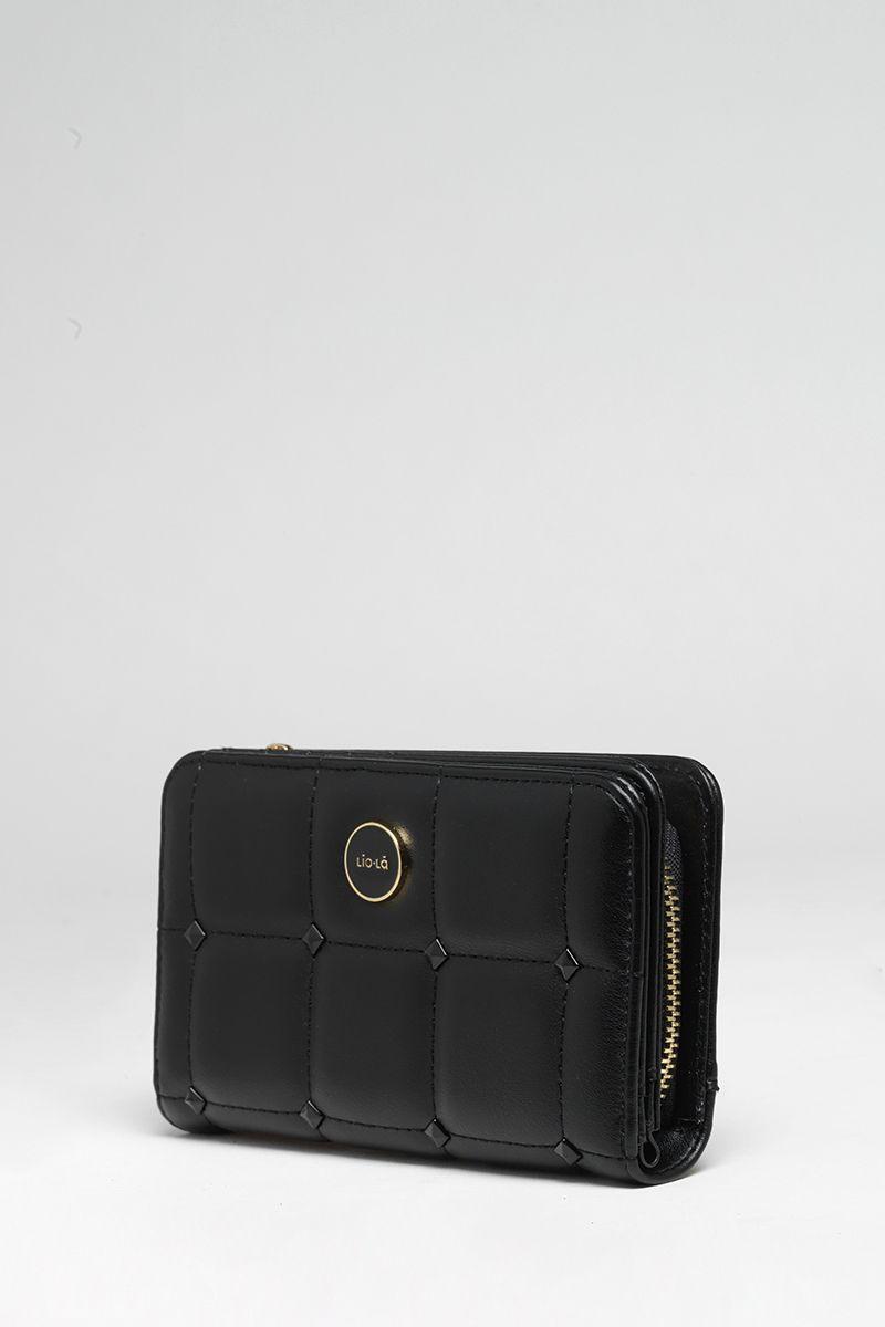 Billetera Efecto Cuero Acolchada Con Tachas, Negro Liola-2