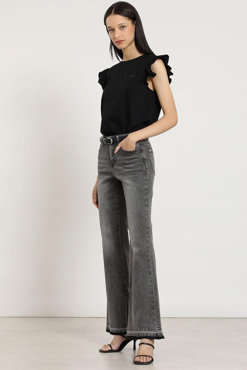 Jeans flare, tiro medio, gris Liola-2