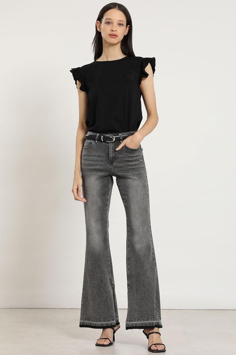 Jeans flare, tiro medio, gris Liola-3