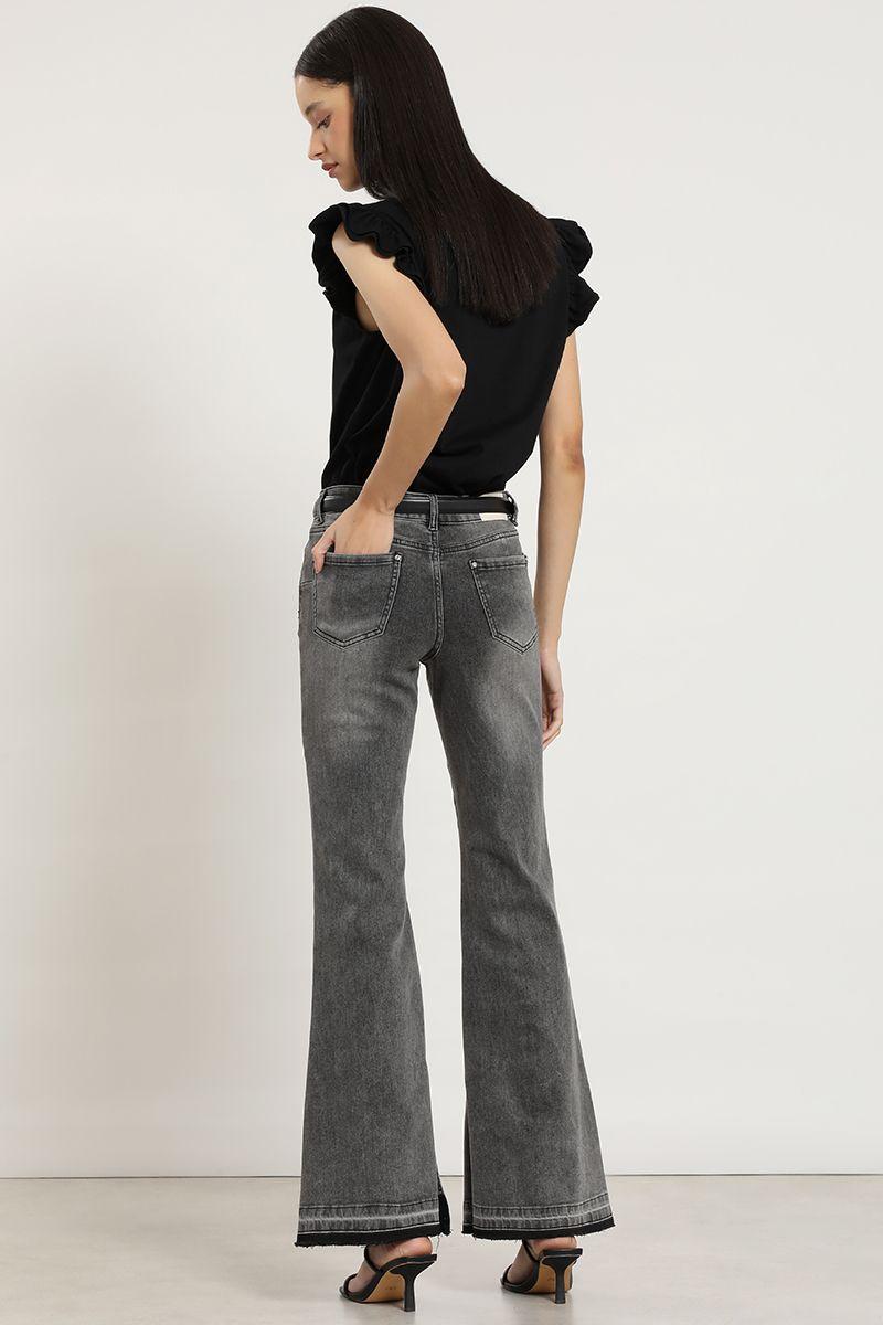 Jeans flare, tiro medio, gris Liola-5