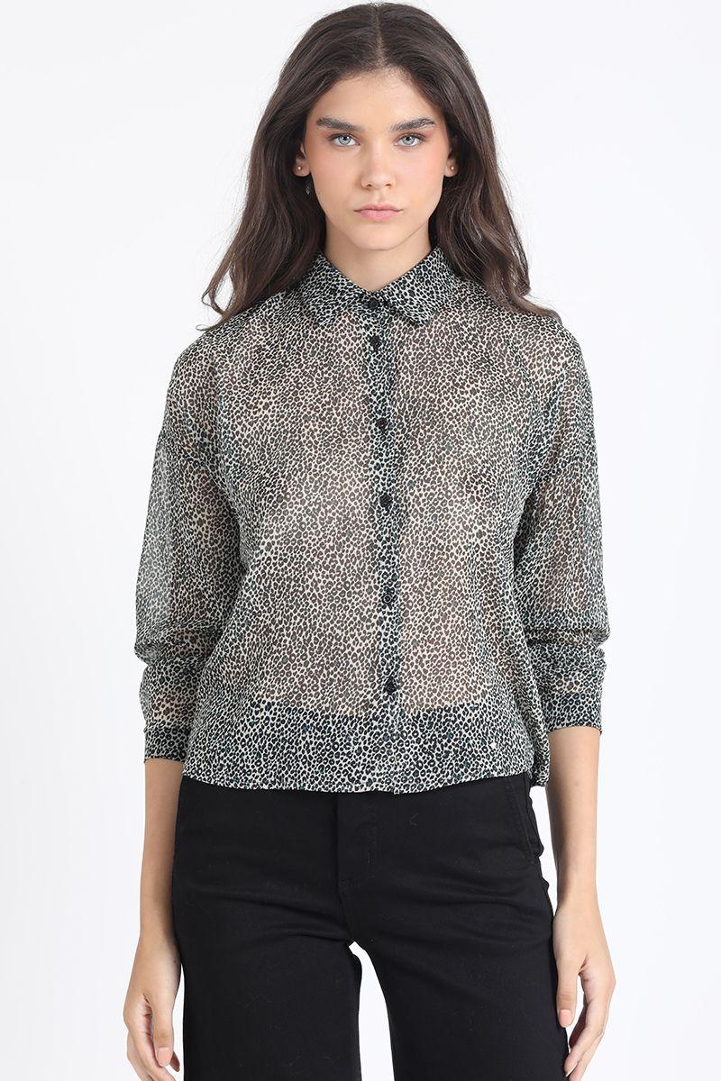 Blusa Gasa Fantasia Animal Con Hilo Metalizado, Azul Liola-0