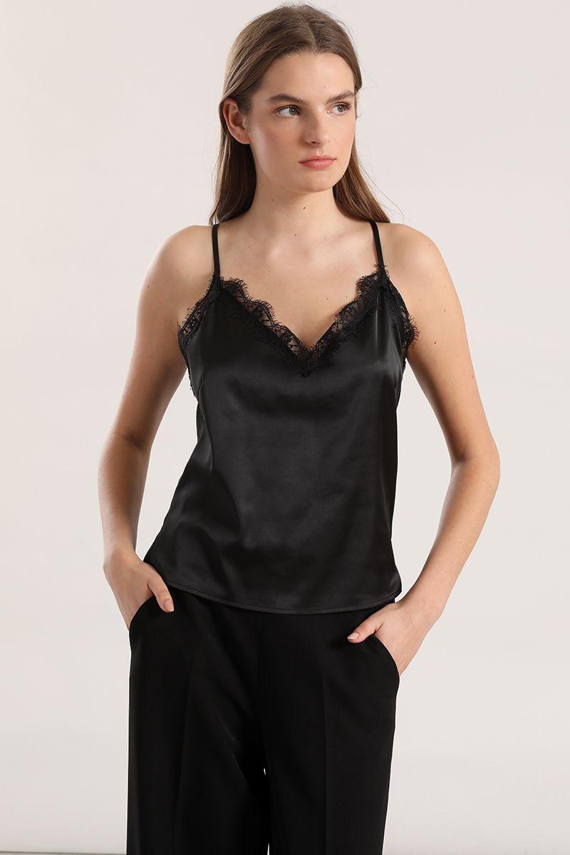 Top lencero mix satin encaje mujer Liola negro-0