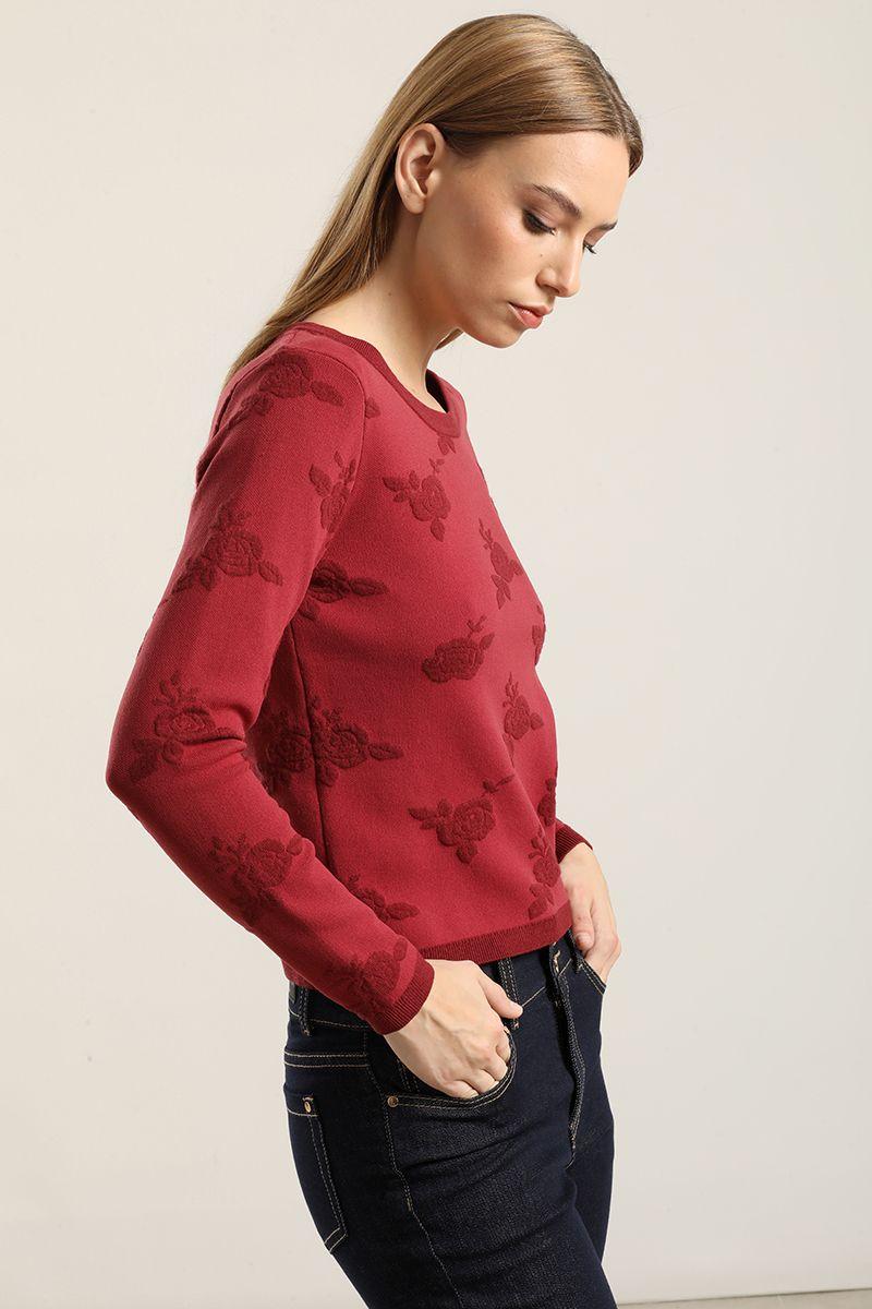 Jersey punto jacquard flores, burdeo Liola-4