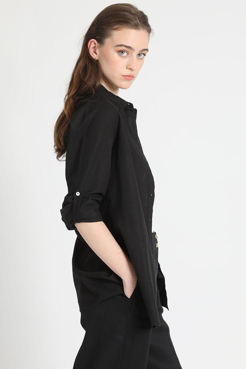Camisa Larga Lino Mix Negro Liola-3