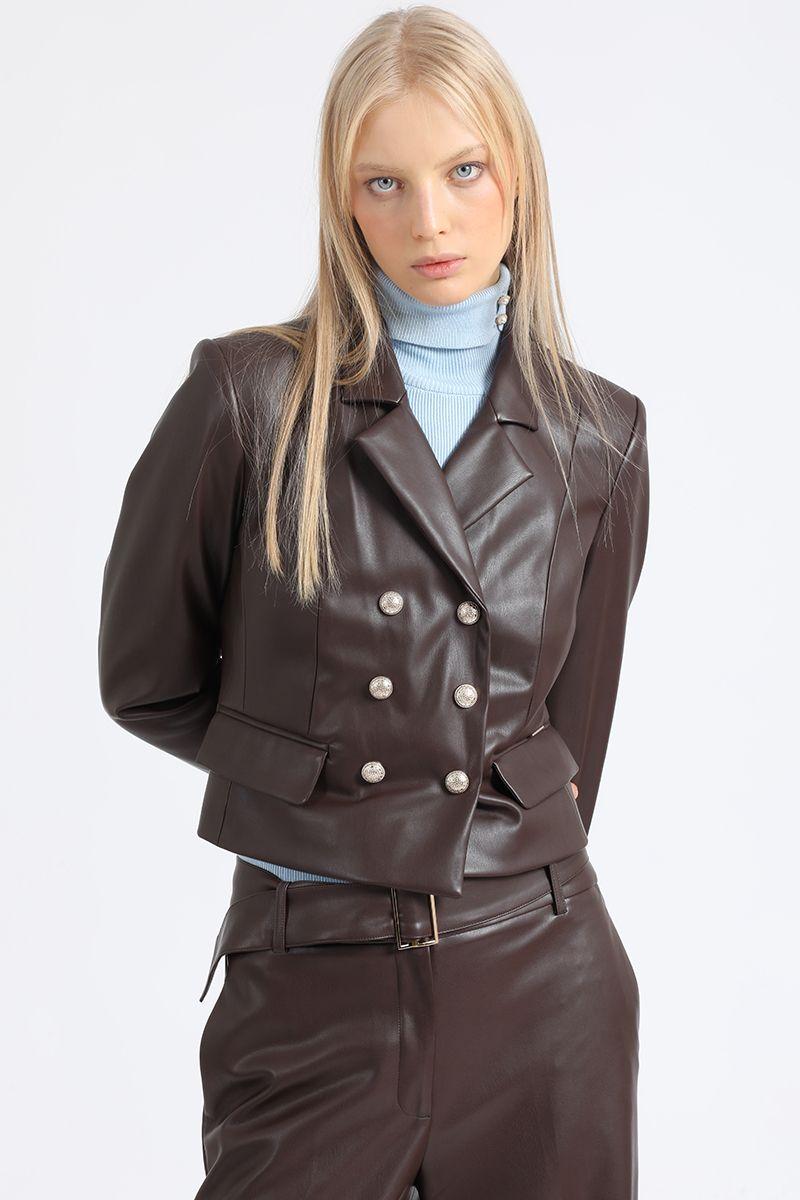 Blazer Crop Cruzado Efecto Cuero, Chocolate Liola-0