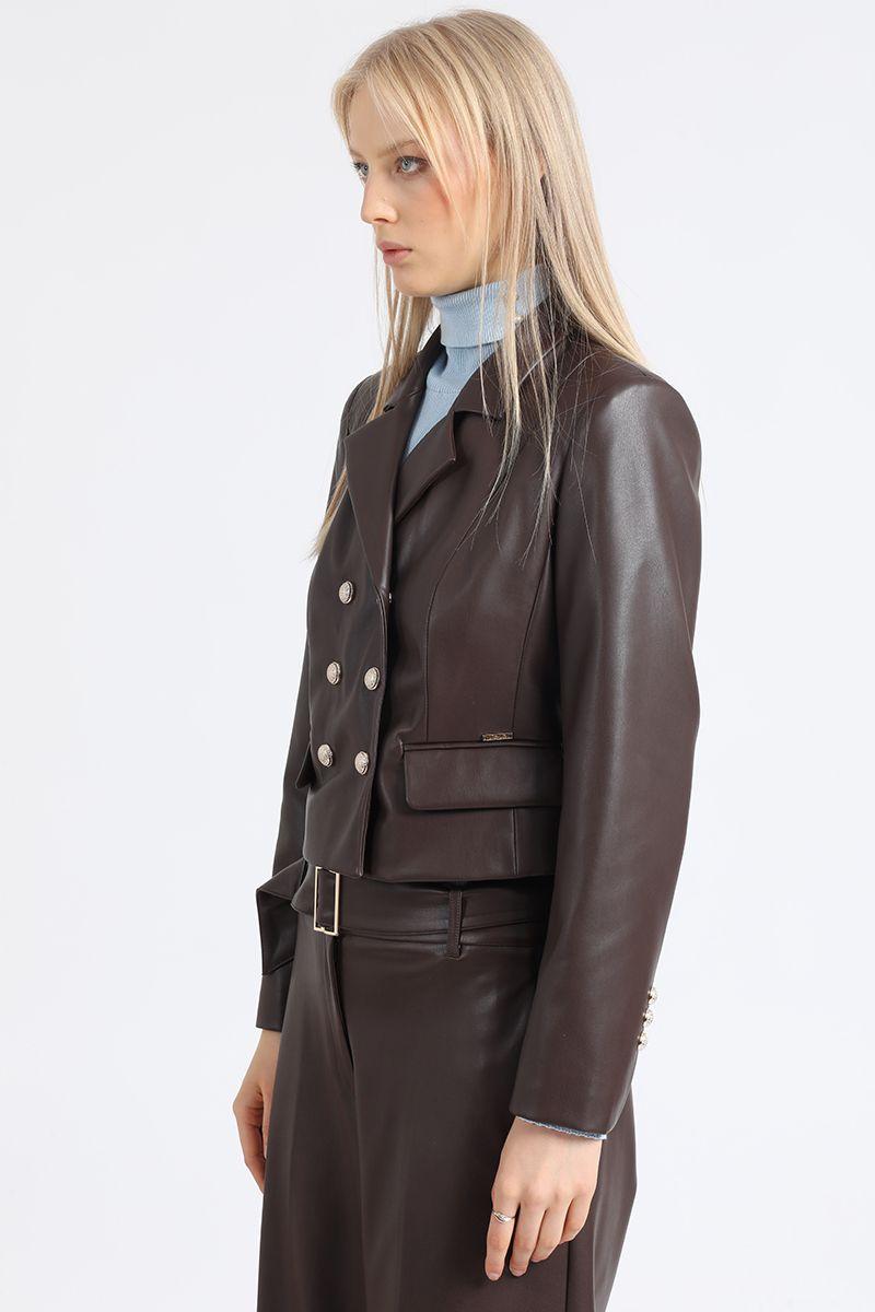 Blazer Crop Cruzado Efecto Cuero, Chocolate Liola-4
