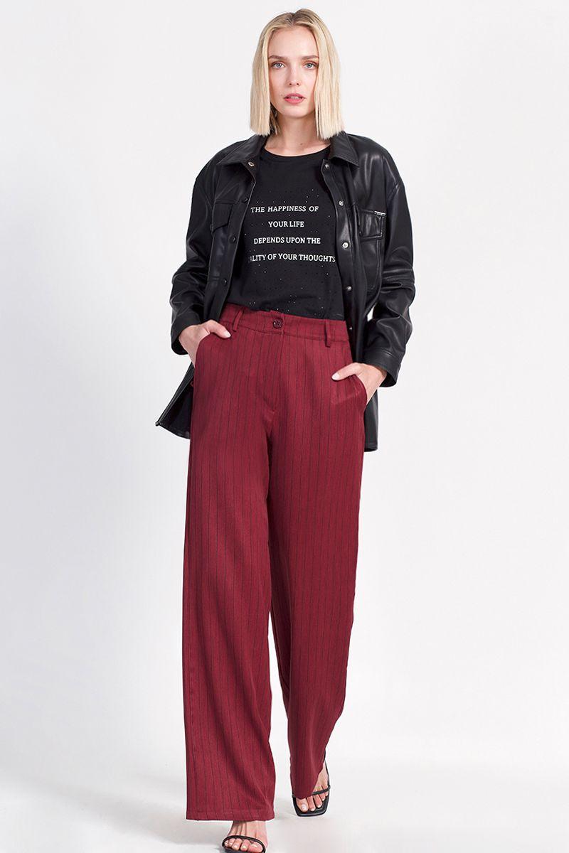 Pantalon Ancho Poliéster Estampado Burdeo Liola-0