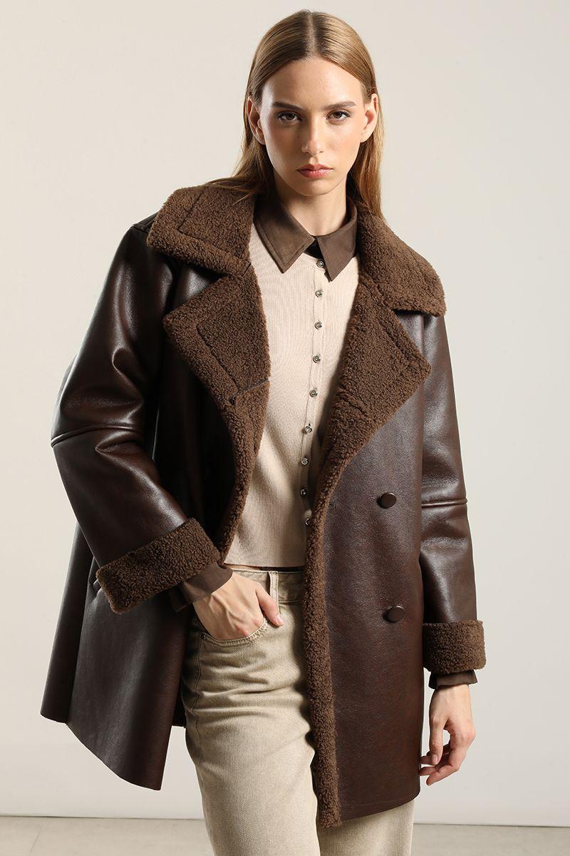 Chaqueton Efecto Cuero Piel,Chocolate Liola-0