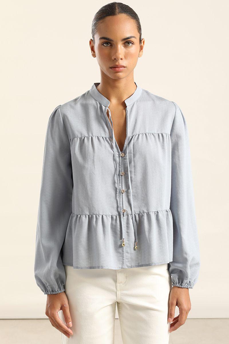 Blusa Romantica Paneles, Celeste Liola-3