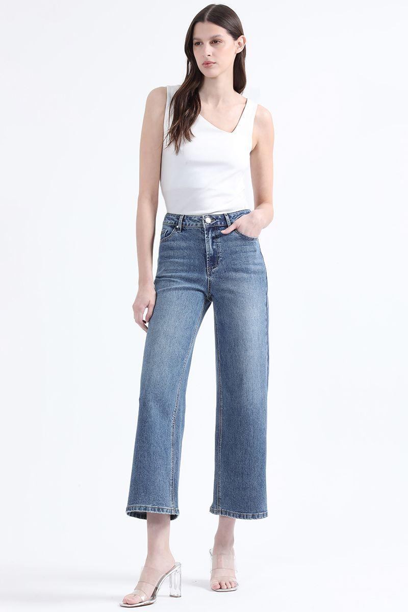 Jeans Cropped Straight Fit, Tiro Medio, Azul Liola-0