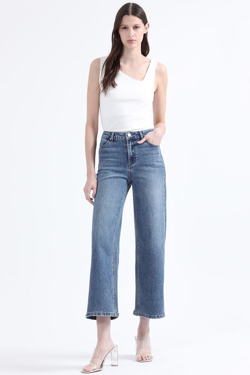 Jeans Cropped Straight Fit, Tiro Medio, Azul Liola-1