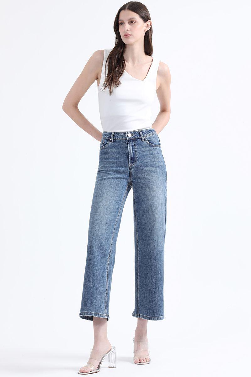 Jeans Cropped Straight Fit, Tiro Medio, Azul Liola-3