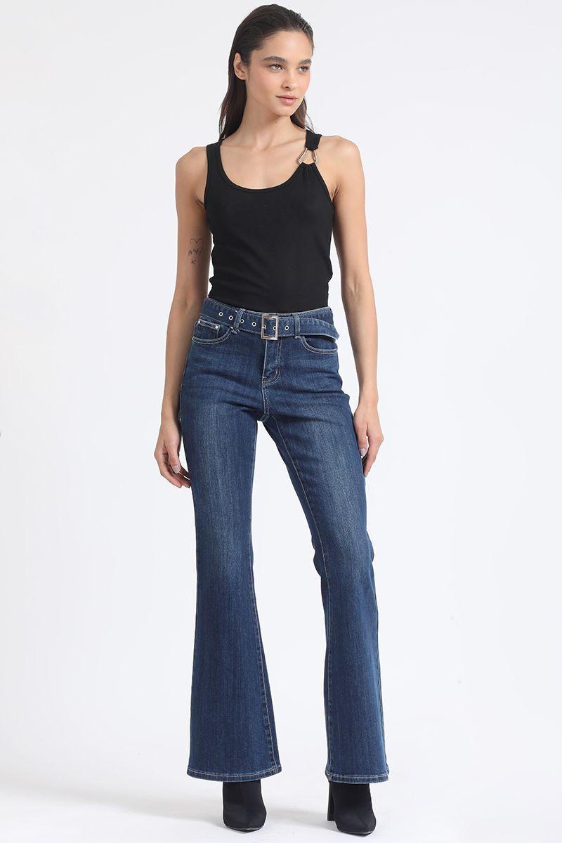 Jeans Flare Tiro Medio, Con Cinturon, Azul Liola-2