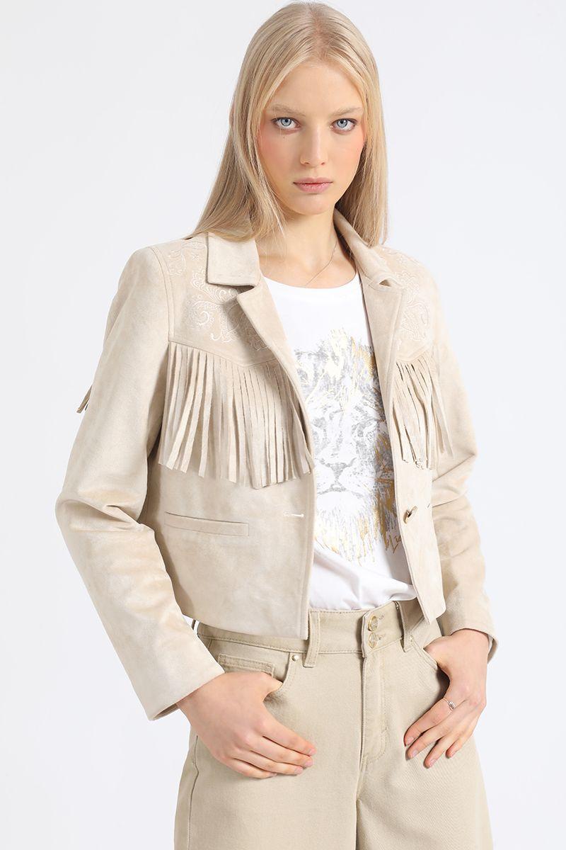 Chaqueta Cropped Efecto Gamuza, Flecos, Beige Liola-2