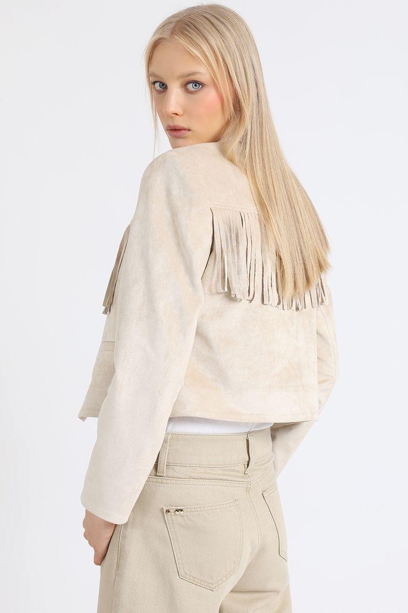 Chaqueta Cropped Efecto Gamuza, Flecos, Beige Liola-3
