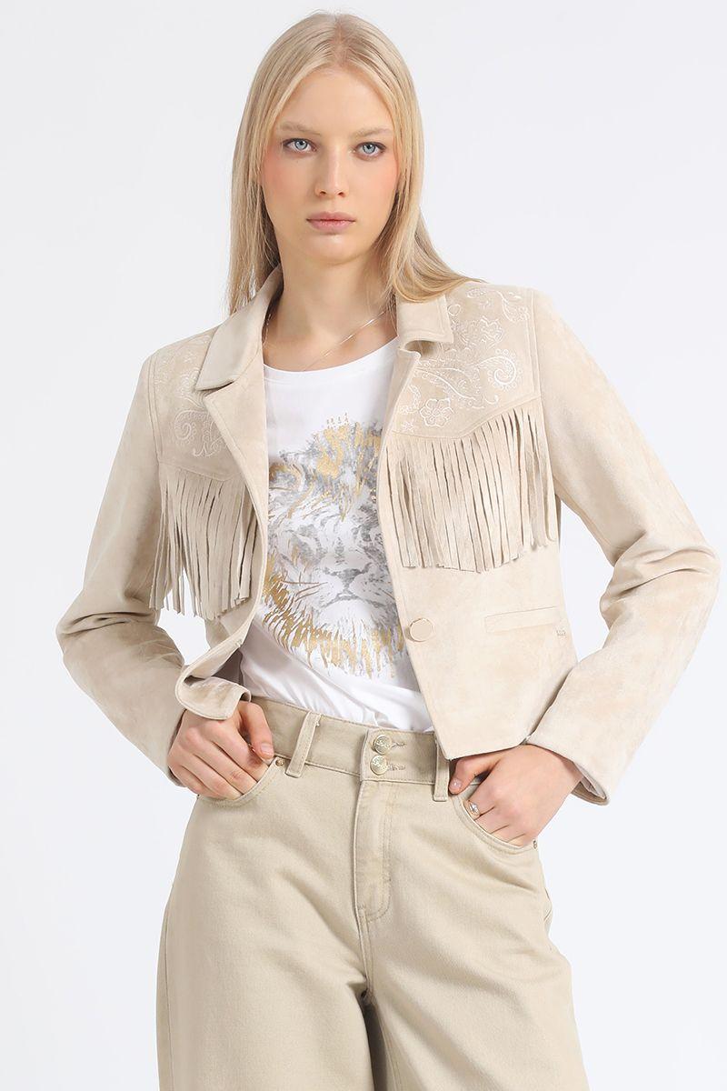 Chaqueta Cropped Efecto Gamuza, Flecos, Beige Liola-4