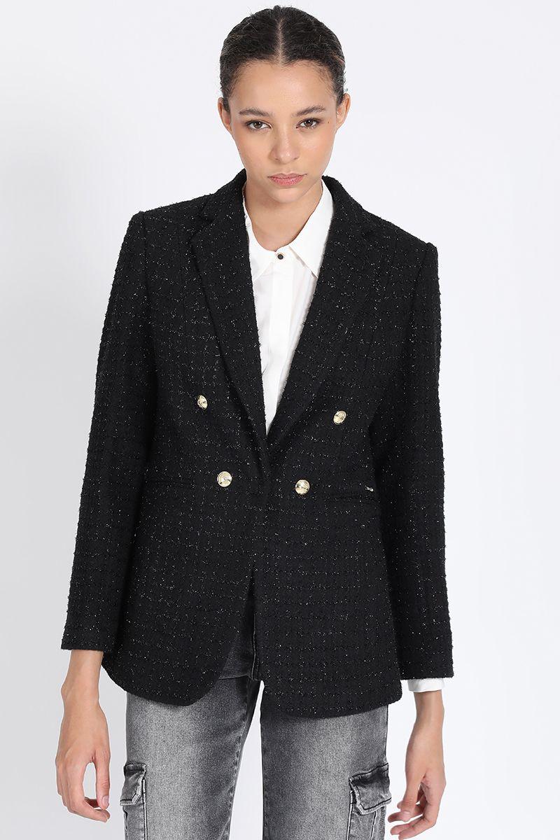 Blazer Largo Entallado, Tweed Con Lurex, Negro Liola-0