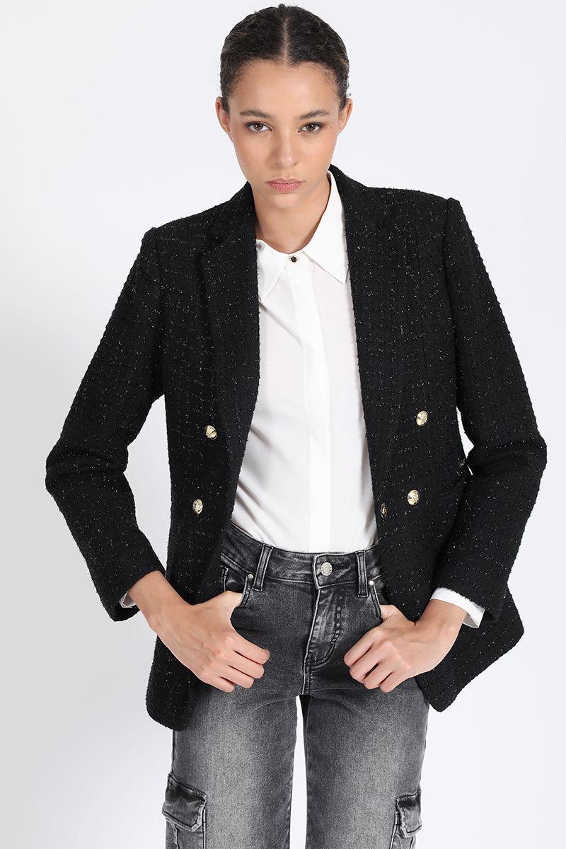 Blazer Largo Entallado, Tweed Con Lurex, Negro Liola-1