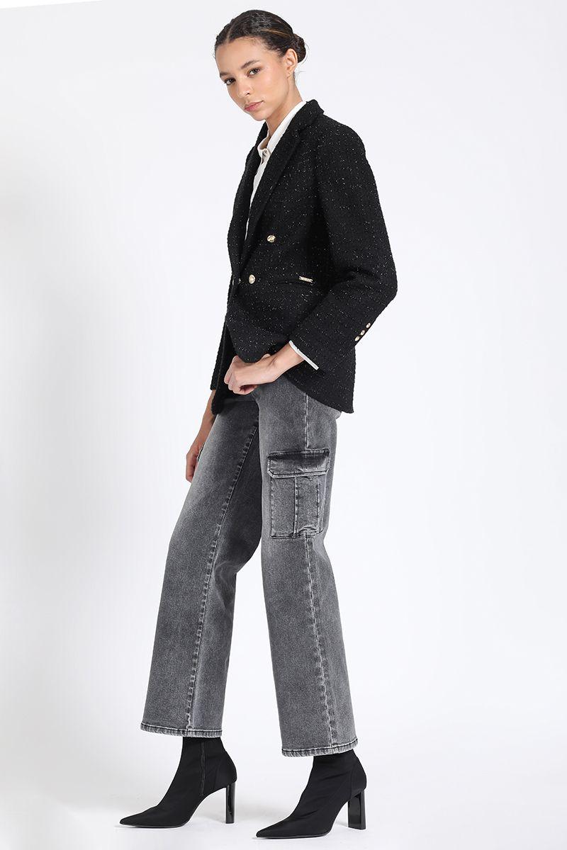 Blazer Largo Entallado, Tweed Con Lurex, Negro Liola-2
