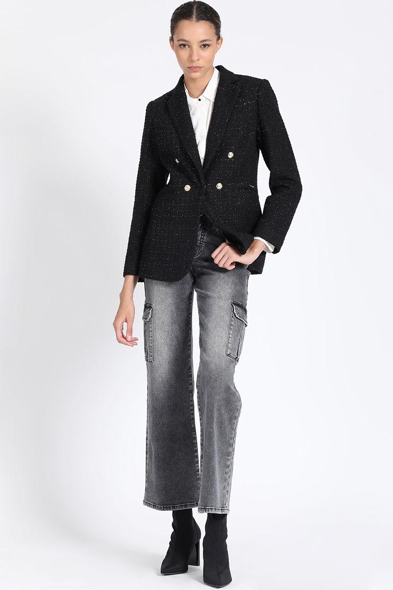 Blazer Largo Entallado, Tweed Con Lurex, Negro Liola-3