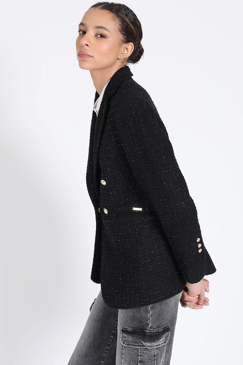 Blazer Largo Entallado, Tweed Con Lurex, Negro Liola-4