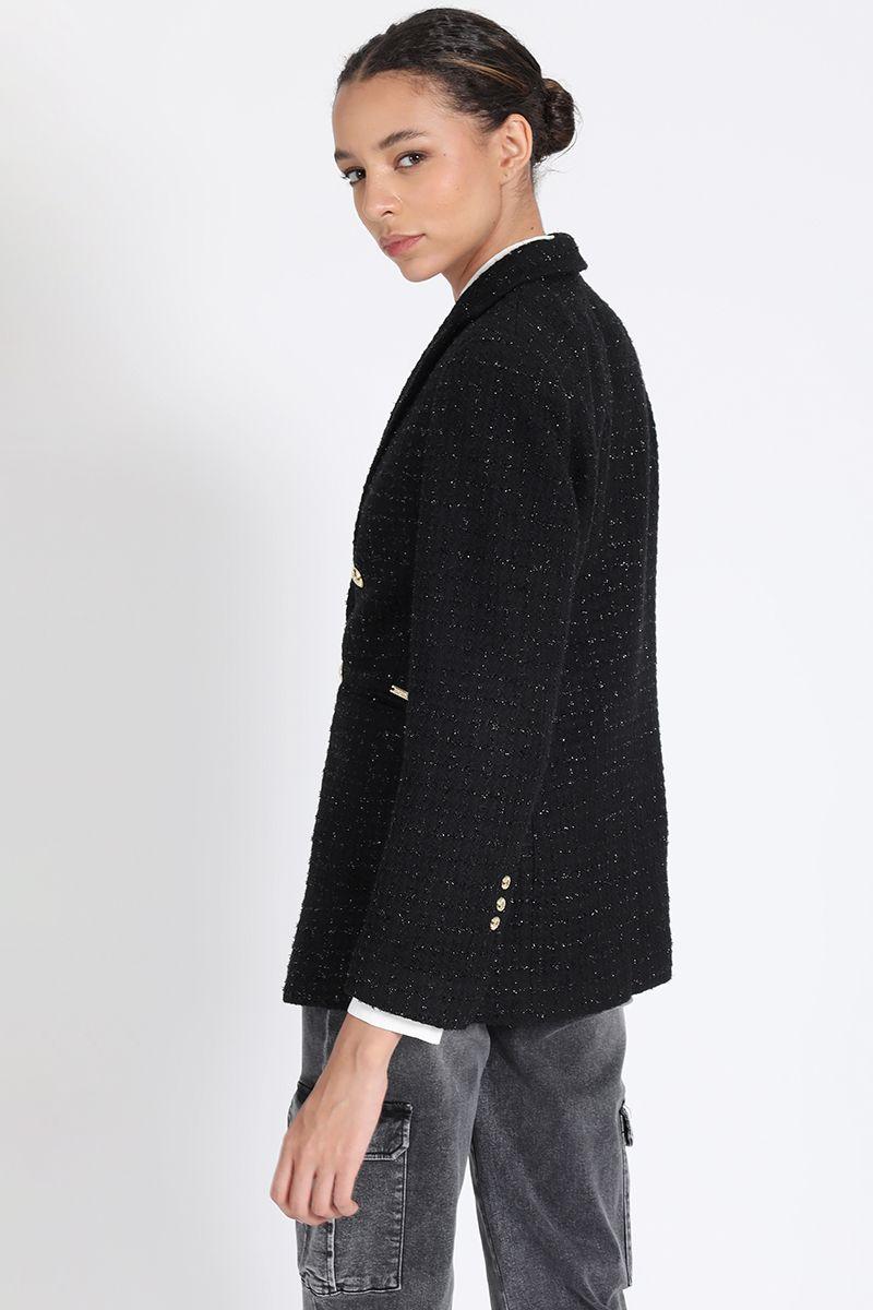 Blazer Largo Entallado, Tweed Con Lurex, Negro Liola-5