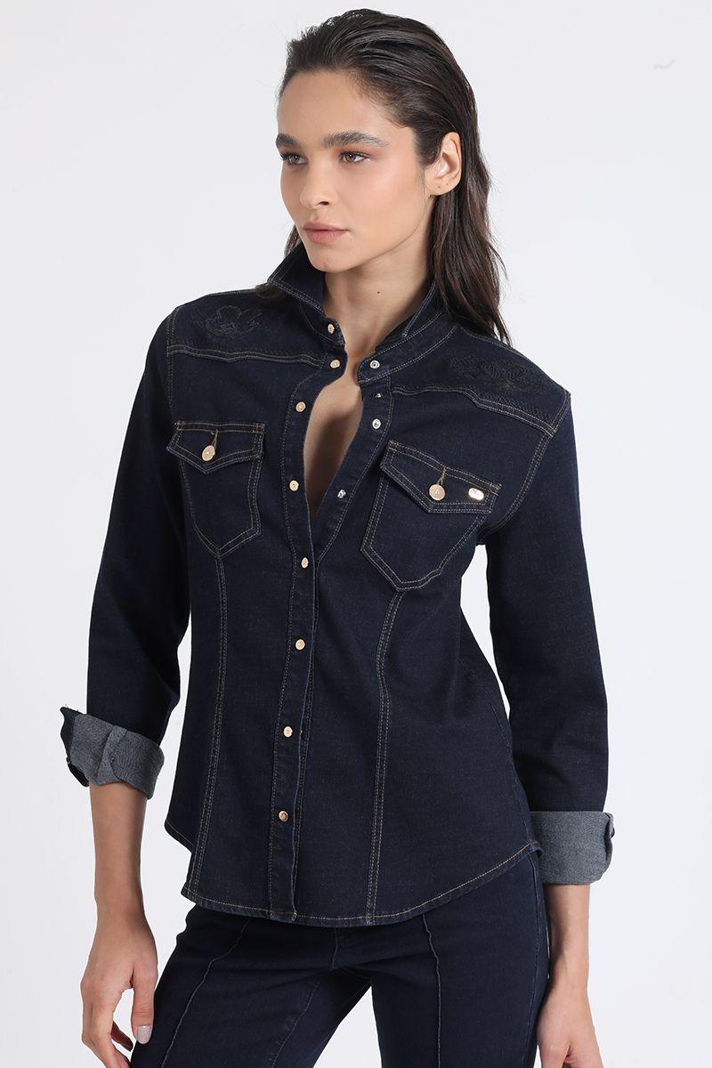 Camisa Denim Entallada Con Bordado, Indigo Liola-4